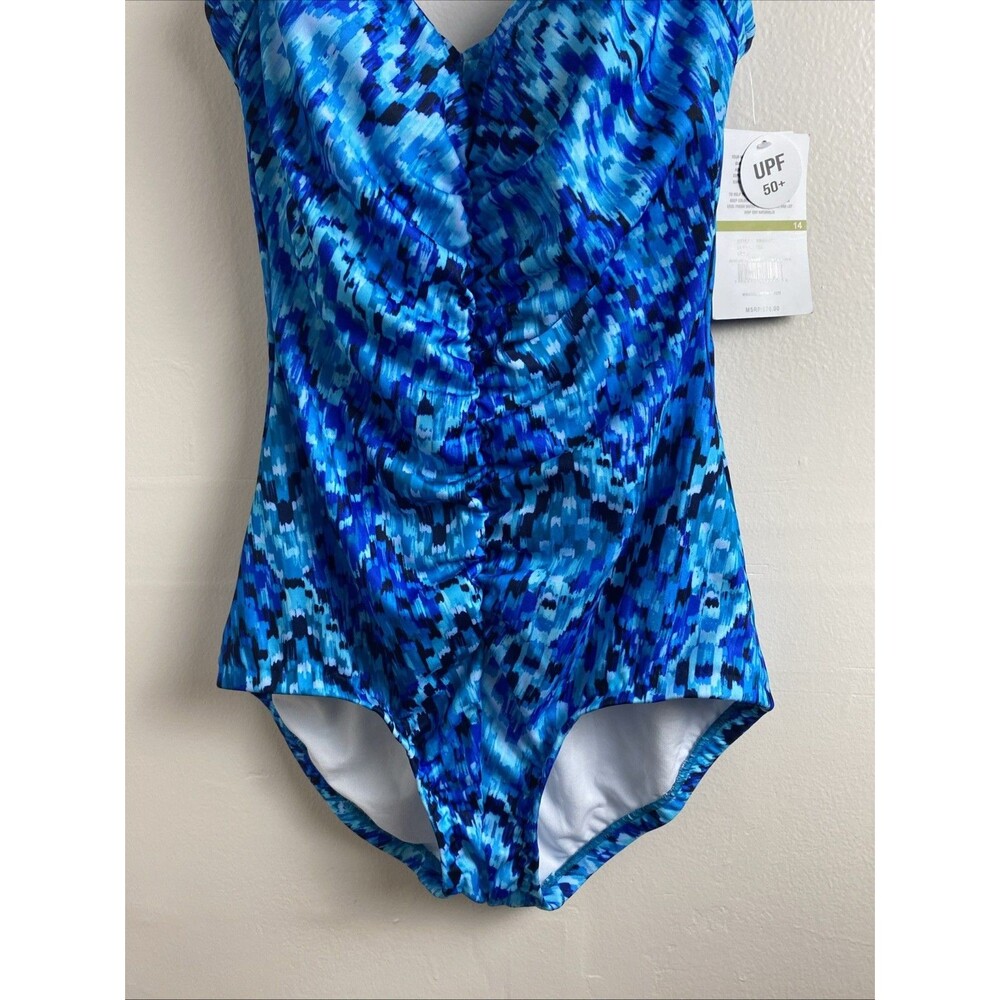 Maxine One Piece Swimsuit Women 14 Blue Spa Shirred Front UPF 50 Vacation Beach - Picture 5 of 15